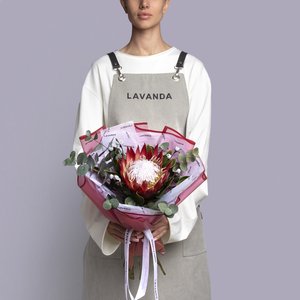 Протея с эвкалиптом в бордовой упаковке