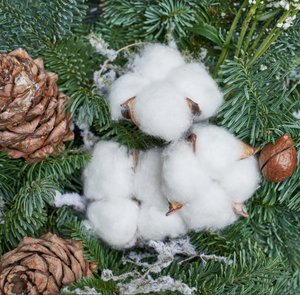 Новогодняя композиция с белыми вероникой и хлопком