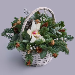 Цветочная корзина с нобилисом, шишками и орхидеей
