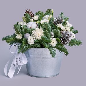 Новогодняя композиция с белыми диантусами и хлопком