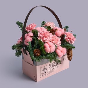 Диантусы с шишками и нобилисом в розовом ящике