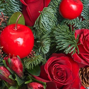 Зимний букет красных роз с хлопком и нобилисом