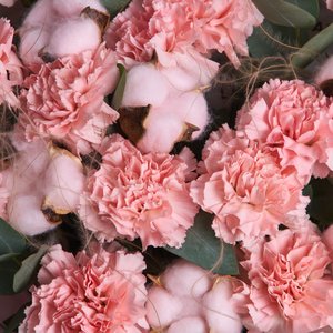 Букет диантусов с хлопком и ковылём