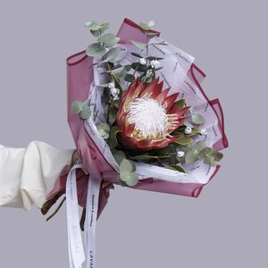 Протея с эвкалиптом в бордовой упаковке